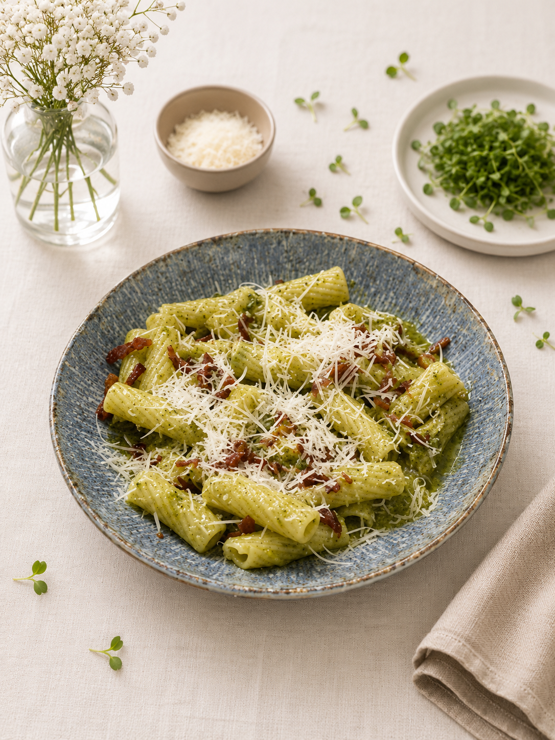 Krémové rigatoni so špenátom, chrumkavou slaninou, burratou a cherry paradajkami